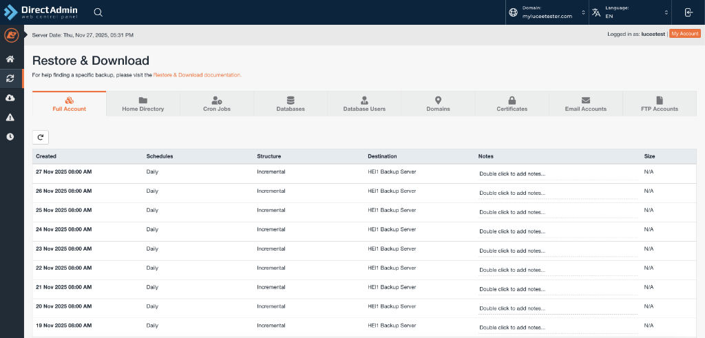 JetBackup within DirectAdmin